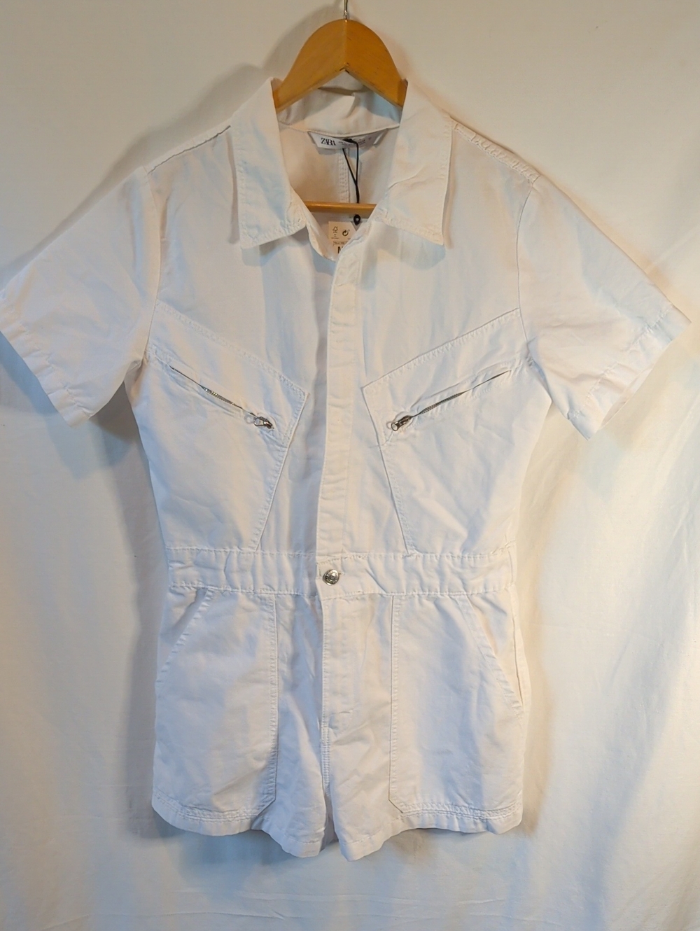 Zara White Short-Sleeve Utility Romper